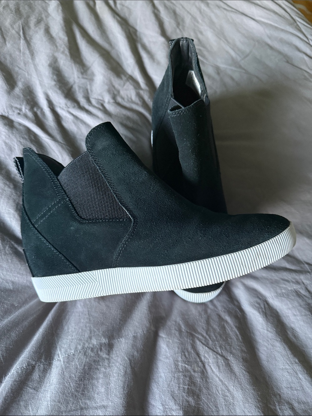Sorel Black Suede Wedge Sneakers with White Sole - Women's